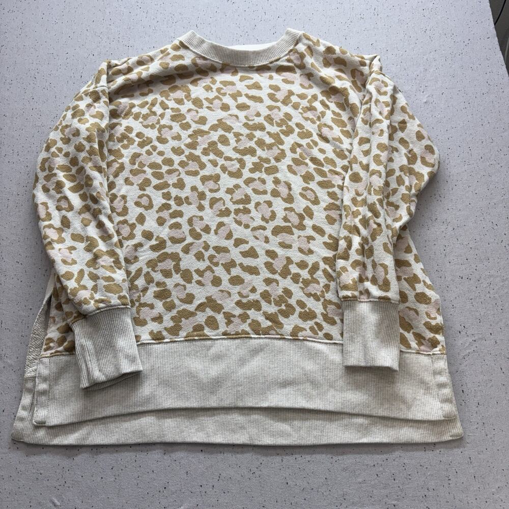 Aerie Leopard Print Crewneck Sweatshirt Womens XS Oversized Pullover Slit Sides